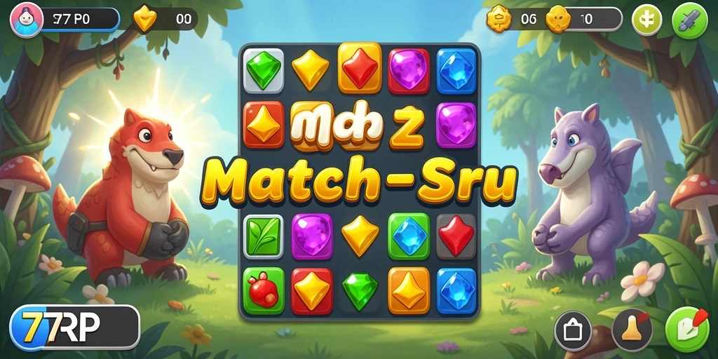 Screenshot utama dari game 77RP yang menampilkan gameplay Match-3 yang menarik.