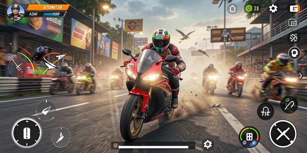 Screenshot menunjukkan aksi balapan motor yang mendebarkan.