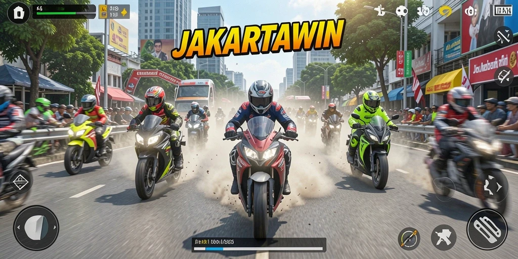 Tampilan seru dari gameplay JAKARTAWIN yang penuh aksi balapan motor.