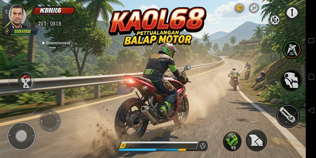 Screenshot utama KAOL68 menampilkan aksi balapan motor yang intens.