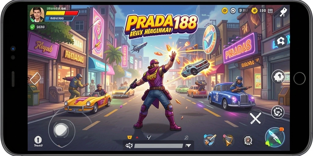 Screenshot utama PRADA188 menampilkan aksi gameplay Arcade yang penuh warna.