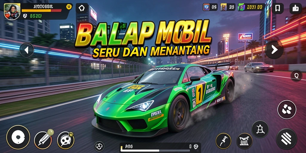 Screenshot gameplay PTTOGEL menampilkan aksi balap mobil yang mendebarkan.