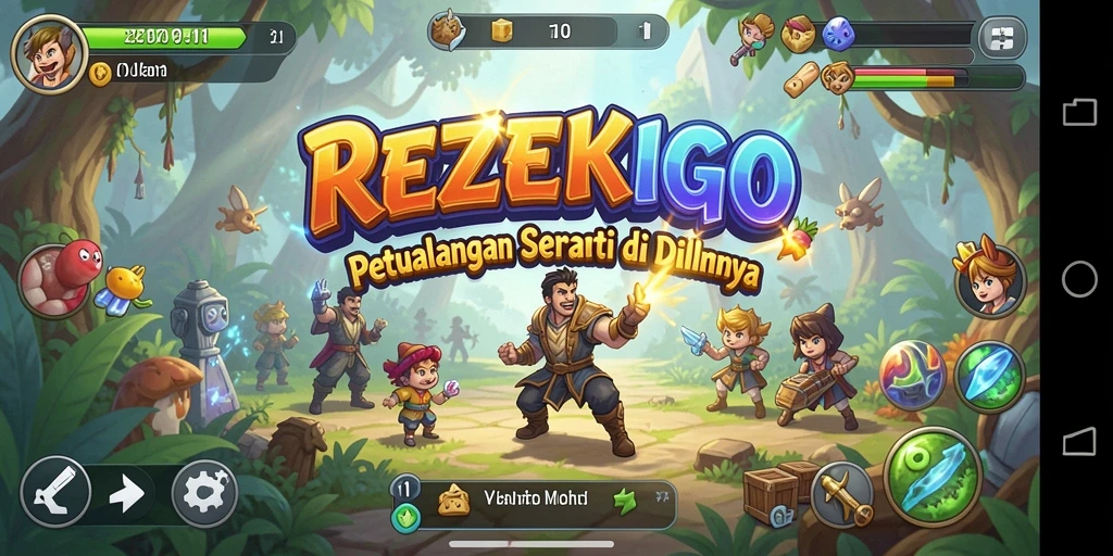 Tangkapan layar gameplay REZEKIGO menunjukkan aksi seru dalam pemandangan menakjubkan.
