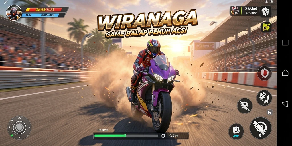 Tampilan gameplay seru dalam WIRANAGA dengan balapan motor yang mendebarkan.